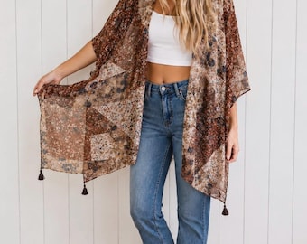 Brown Floral Patchwork Kimono Wrap with Tassels – Bohemian Lightweight Cardigan