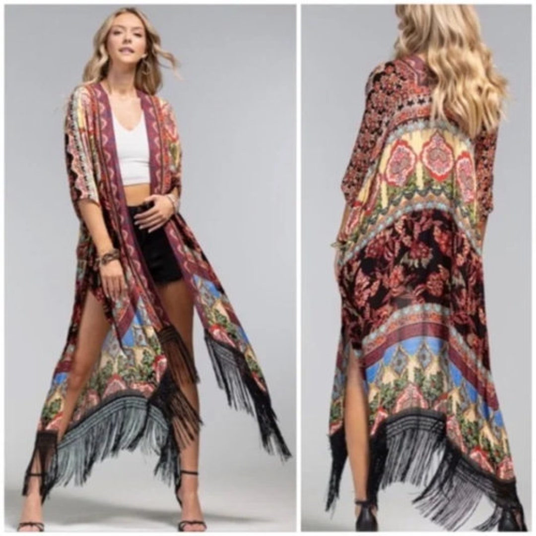 Multi Color Marigold Floral Damask Bohemian Jacquard Tassel Fringe Kimono Wrap Top Women's One