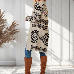 Taupe Multi Color Knit Aztec Tribal Native Western Boho Open Cardigan Sweater Fall Winter Boho Bohemian Casual Women&#39;s