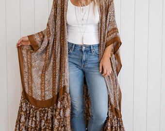 Brown Paisley Maxi Kimono Duster, Lightweight Boho Open-Front Layer