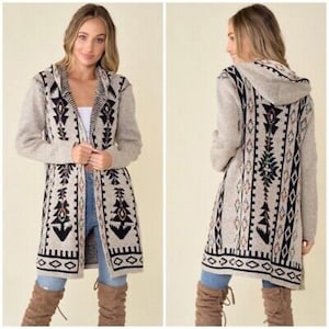 Oatmeal Aztec Rainbow Western Boho Bohemian Hooded Knit Cardigan Long Sleeve Open Sweater Women's Fall Winter