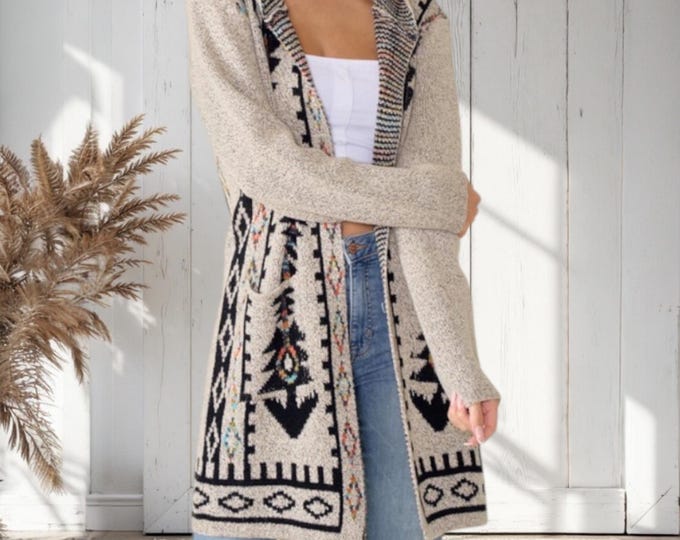 Oatmeal Aztec Rainbow Western Boho Bohemian Hooded Knit Cardigan Long Sleeve Open Sweater Women's Fall Winter