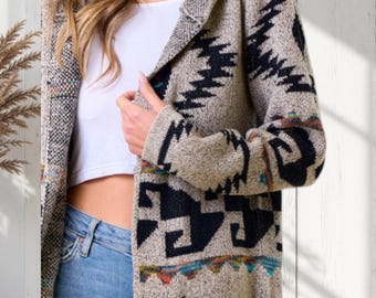 Oatmeal Aztec Tribal Asymmetrical Rainbow Western Boho Bohemian Hooded Knit Cardigan Long Sleeve Open Sweater w/ Pockets Women's Fall Winter