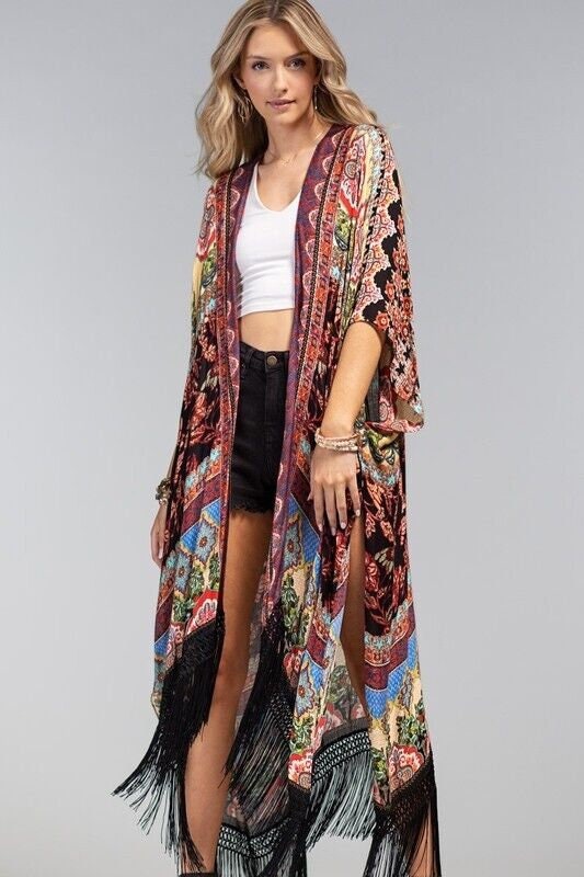 Longline Tassel Trim Kimono Wrap