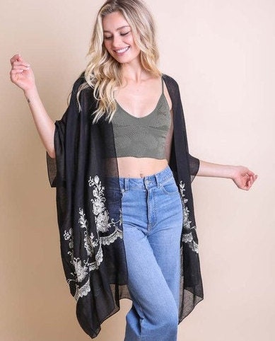 Black Floral Chiffon Kimono Cardigan Etsy