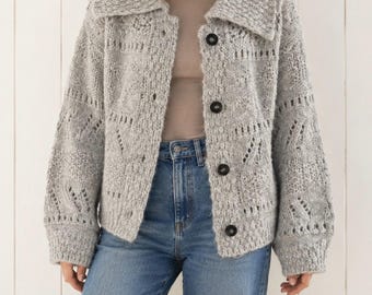 Heather Gray Collared Heavy Knit Boxy Textured Cardigan Sweater