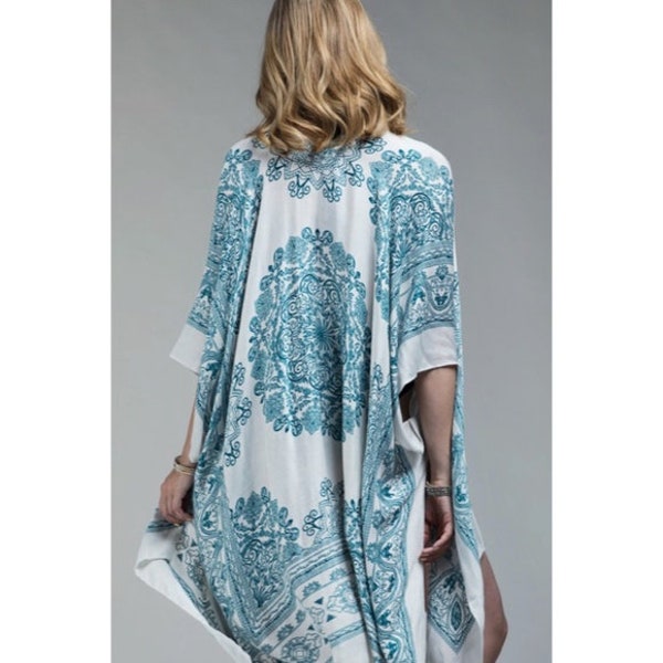 Teal & White Paisley Boho Bohemian Gypsy Open Top Kimono Wrap Coverup Casual Women's One Size Spring Summer Vacation