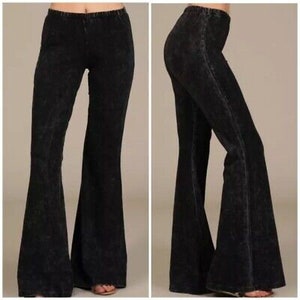 Black Solid Boho Bohemian Retro Style Mineral Wash Flared Bell Bottom Stretch Pull On Elastic Waist Pants Bottoms Womens
