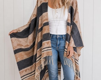 Tan and Black Aztec Fringe Ruana Wrap, Boho Woven Poncho
