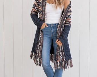 Navy Fringe Hem Aztec Tribal Bohemian Cardigan Knit Sweater