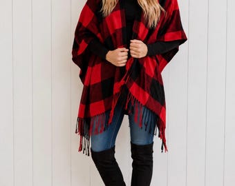 Red & Black Buffalo Plaid Knit Poncho Ruana Sweater Open Wrap Top w/ Fringe Women's Winter One Size
