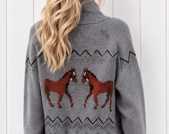 Gray Horse Knit Cardigan Sweater Shawl Collar Relaxed Fit Western Misses Fall Winter