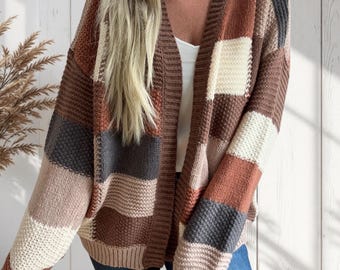 Mocha Brown Combo Checker Block Knit Cardigan Sweater Misses Fall Winter