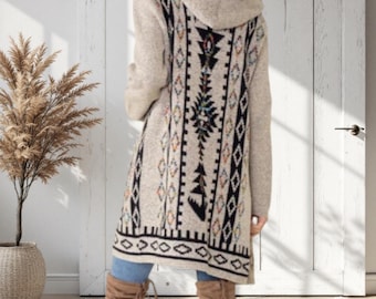 Oatmeal Aztec Rainbow Western Boho Bohemian Hooded Knit Cardigan Long Sleeve Open Sweater Women's Fall Winter