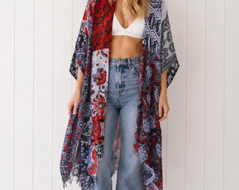 Red Boho Patchwork Floral Bohemian Kimono Wrap Coverup Open Top Casual Spring One Size