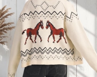 Ivory Horse Knit Cardigan Sweater Shawl Collar Relaxed Fit Western Misses Fall Winter