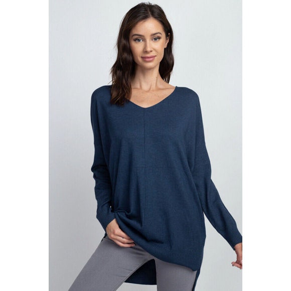 Women's V Neck Pullover Sweater - Solid Color Knitted Tunic Top, Loose Casual Long Sleeve