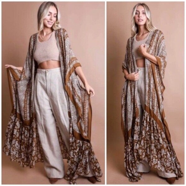 Brown Paisley Tapestry Free Flow Kimono Open Duster Coverup Wrap Top One Size Women's Casual