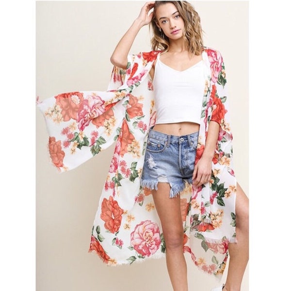 Colorful Red Pink Multicolor Sheer Floral Print Spring Summer Open Front Kimono Wrap Coverup Vacation Sheer Chiffon Women's Casual