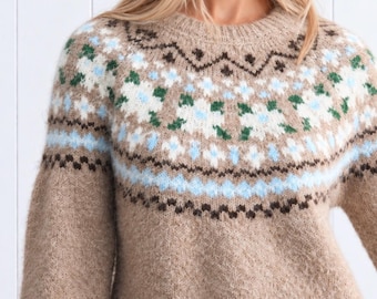 Mocha Fuzzy Knit Holiday Fair Isle Long Sleeve Pullover Crew Neck Sweater