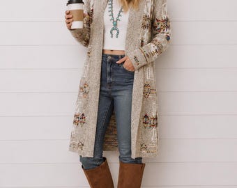 Oatmeal Rainbow Multi Colored Aztec Tribal Jacquard Open Knit Cardigan Sweater Casual Women's Fall Winter