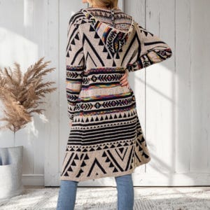 Oatmeal Multi Rainbow Aztec Jacquard Hooded Long Sleeve Knit Open Cardigan Western Sweater Fall Winter Casual Women&#39;s Gift