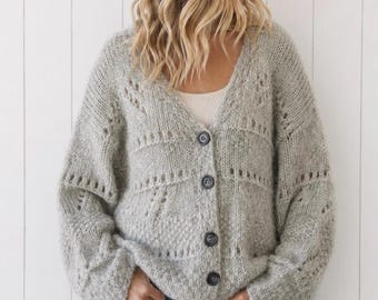 Heather Gray Button Down Knit Crochet Cardigan Sweater