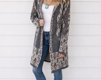 Gray Aztec Rainbow Western Hooded Knit Cardigan Long Sleeve Open Sweater Women's Boho Bohemian Fall Winter