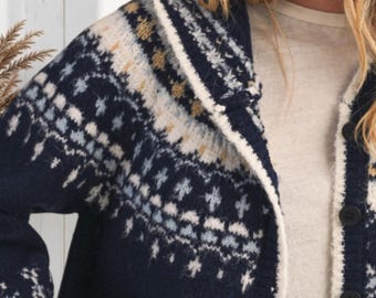 Navy Nordic Soft Button Down Knit Hooded Winter Cardigan Sweater Jacket