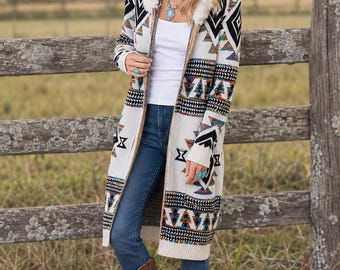 Ivory Plush Faux Fur Trim Collar Knit Aztec Tribal Bohemian Western Boho Zip Up Hooded Cardigan Sweater Fall Winter