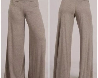 Heather Taupe Wide Leg Palazzo Knit Stretch High Foldover Waist Casual Pants Women's Soft Solid Bottoms