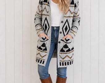 Gray Rainbow Aztec Boho Sherpa Lined Knit Button Hooded Cardigan w/Pockets Long Sleeve Sweater Women's Casual Fall Winter