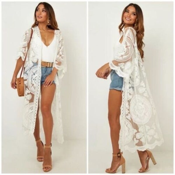 White Scalloped Sheer Mesh Lace Maxi Duster Boho Kimono Coverup Wrap Women's