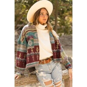 Gray Combo Aztec Tribal Native Western Button Up Shacket Flannel Shirt Jacket Women&#39;s Casual Fall Winter