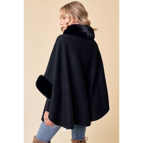 Black Solid Faux Fur Trimmed Soft Fuzzy Belted Poncho Cape