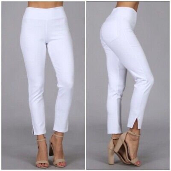 White Solid Cropped Capri Stretch Control Waist Ponte Casual Pull On Pants Women's Spring Summer