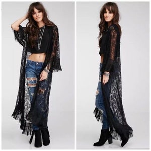 Black Lace Sheer Boho Fringe Tassel Maxi Duster Wrap Womens Bohemian Kimono Top One Size