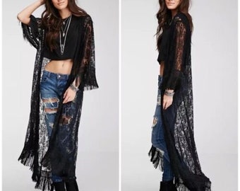 Black Lace Sheer Boho Fringe Tassel Maxi Duster Wrap Womens Bohemian Kimono Top One Size