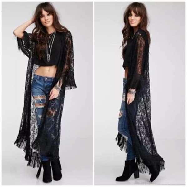 Black Lace Sheer Boho Fringe Tassel Maxi Duster Wrap Womens Bohemian Kimono Top One Size