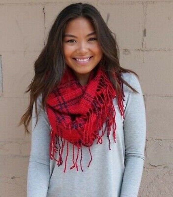Red Plaid Windowpane Fringe Tassel Infinity Scarf Fall Winter Knit
