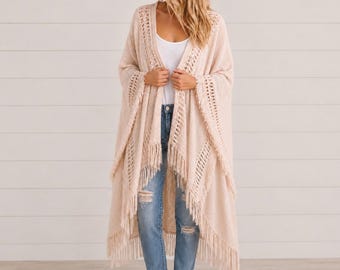 Beige Knit Open Work Frayed Border Bohemian Ruana Sweater Wrap One Size Fall Winter