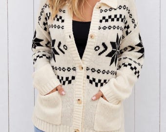 Cream Snowflake Nordic Pattern Handmade Knit Button Down Cardigan Winter Sweater