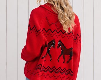 Red Horse Knit Cardigan Sweater Shawl Collar Relaxed Fit Western Misses Fall Winter