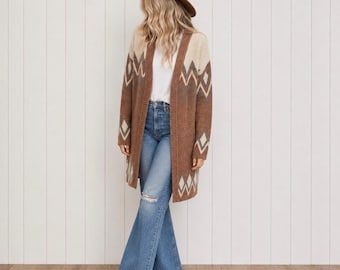 Brown Nordic Patterned Sweater Knit Cardigan Sweater