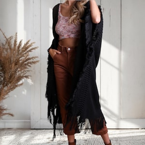 Black Knit Open Work Frayed Border Bohemian Ruana Sweater Wrap One Size Fall Winter