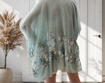 Sage Green Daisy Embroidered Woven Floral Kimono Open Wrap Coverup Top One Size Women's Spring Summer