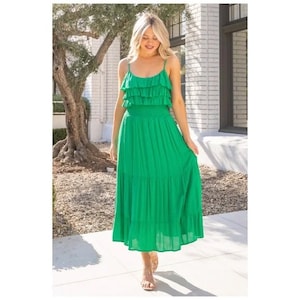 Emerald Green Rayon Gauze Ruffle Smocked Waist Sleeveless Midi Dress Casual Women&#39;s Spring Summer Vacation