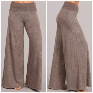 Desert Taupe Mineral Wash Solid Wide Led Foldover Over Waistband Stretch Pull On Casual Boho Bohemian Womens Pants Bottoms