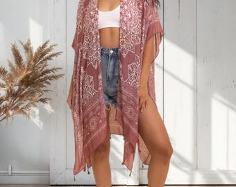 Roseclay Pink Boho Bohemian Mandala Printed Tassel Open Kimono Coverup Casual Wrap One Size Women's