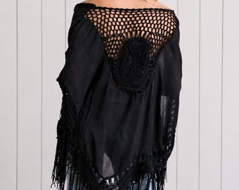 Black Bohemian Crochet Tasseled Casual Kimono Open Top One Size